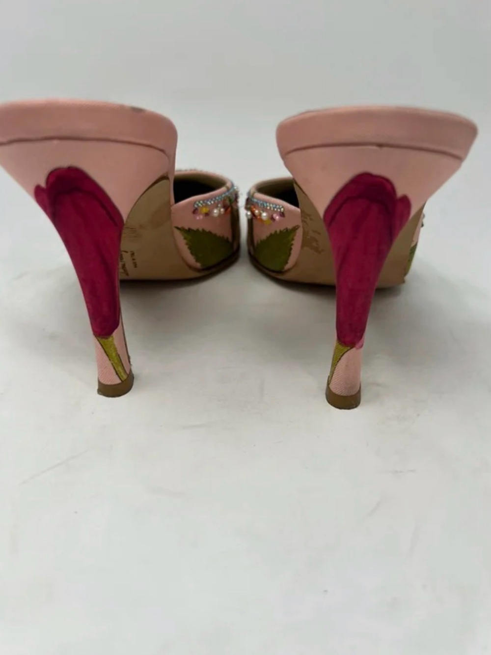 Vintage Salvatore Ferragamo Pink Floral Beaded Slip-On Mules - Picture 10 of 13